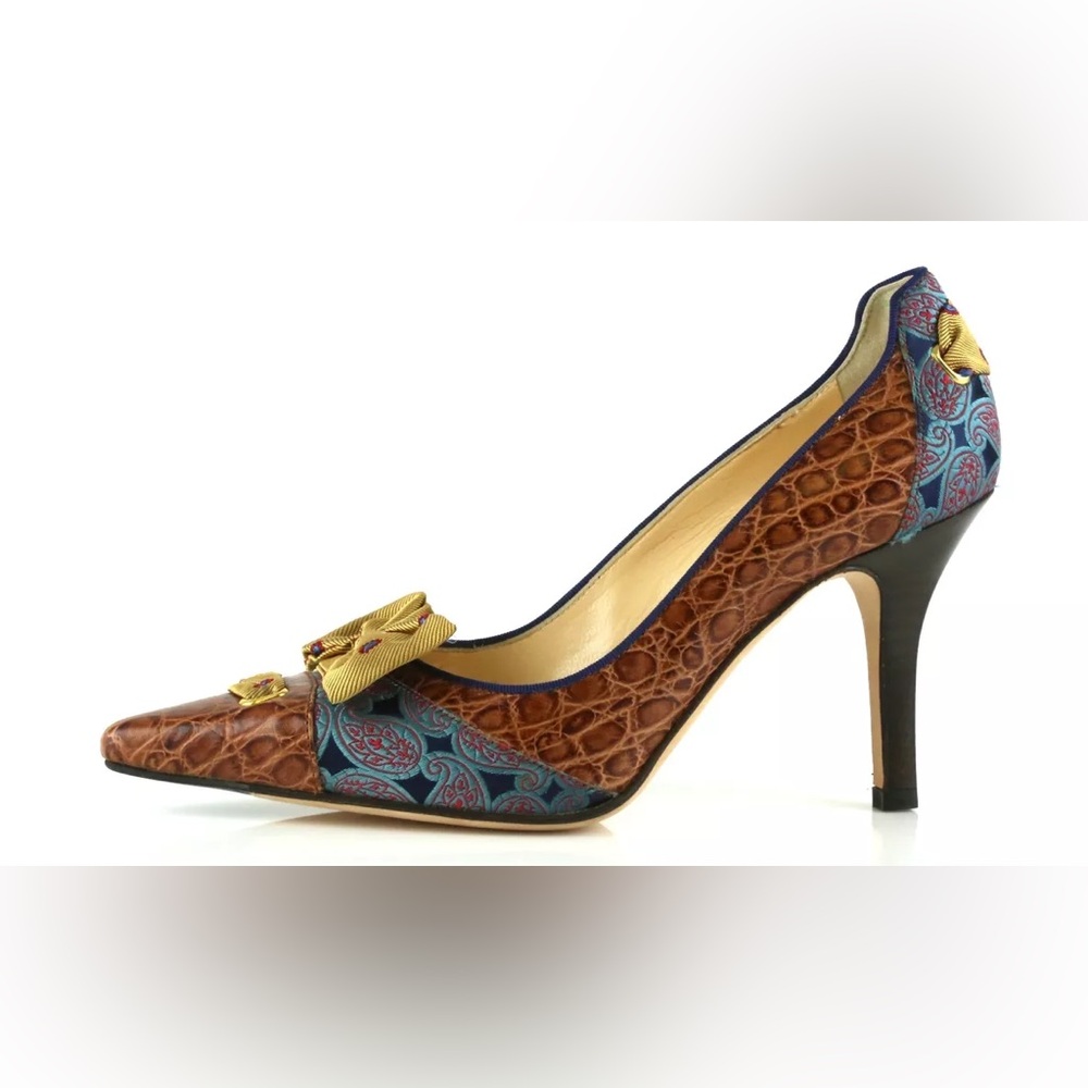 Cole Haan Brown Croc-Textured Pointed Toe Heels with Blue Paisley Accents